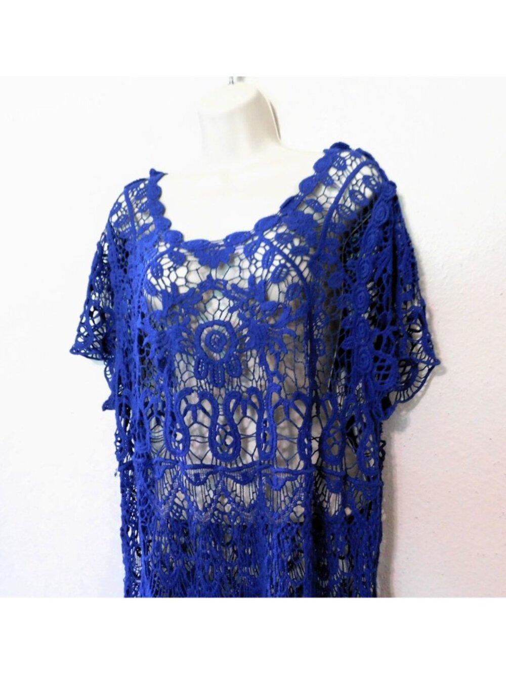 Crochet Lace Tunic Top Womens XL Royal Blue Short Sleeves Boho Style - Picture 2 of 5